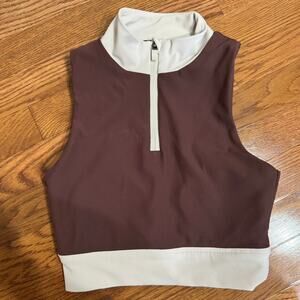 Wilo Australia Ribbed Zip-Front Crop Top - Brown/Cream- Medium